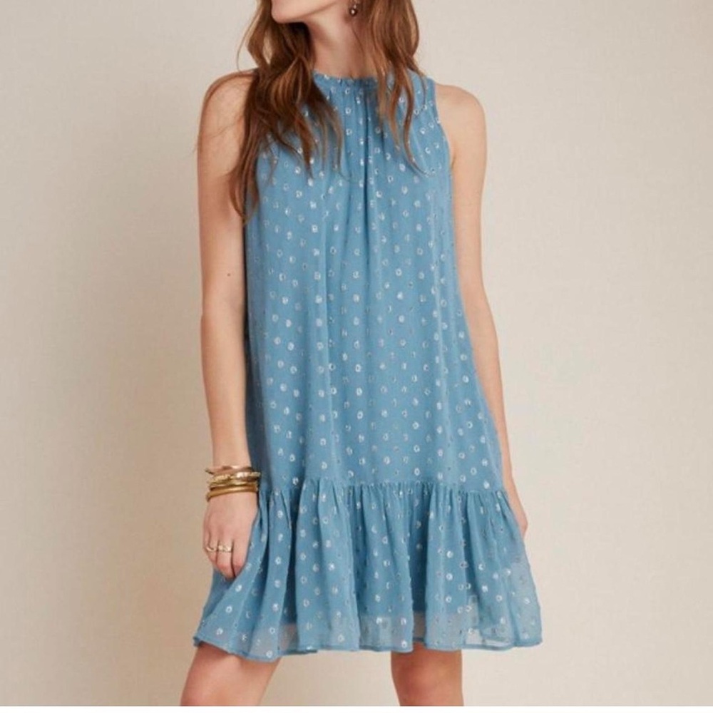 Anthropologie Natalie Flounced Tunic Polka Dot Metallic Sleeveless Dress size XS